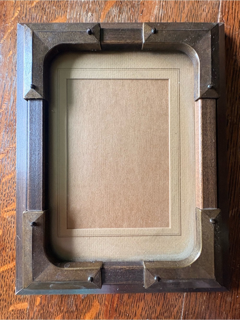 MCM Decorative Brown Wood Picture Frame with Brass Accents